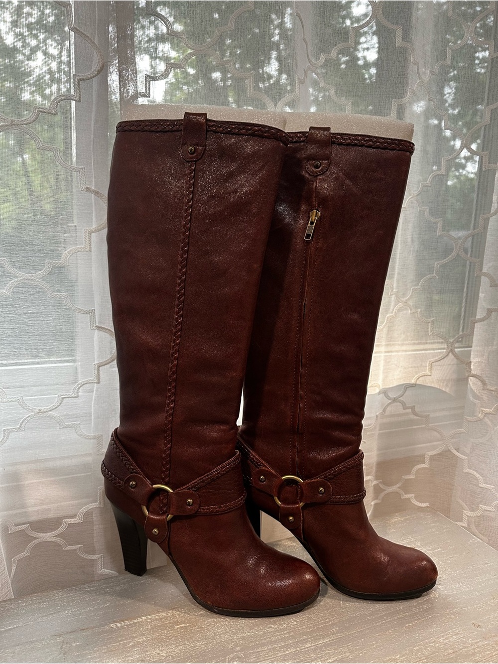 Frye Vicki Tall Leather Harness Braided Boots Brown GUC Size 8